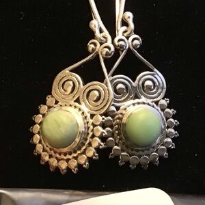 JTV Natural Lemon Chrysoprase Silver Earrings with Intricate Metalwork